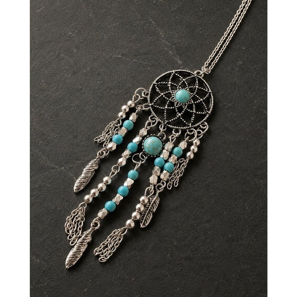Men’s Turquoise & Feather Dreamcatcher Long Pendant Necklace with Silver Tassels